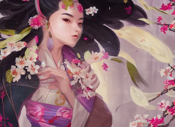 Image similar to character concept art of a girl wearing japanese kimono surrounded by spirit blossoms, wonderful shading, realistic face, concept art, dynamic pose, digital illustration, trending on artstation, intricate details, epic composition, sharp focus, 8 k uhd, masterpiece, league of legends splash art