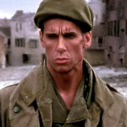 Image similar to movie still of derek zoolander in saving private ryan, using blue steel against germans