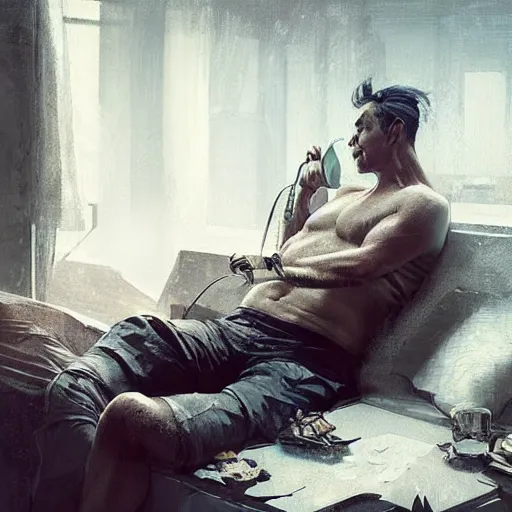 Prompt: Till Lindemann, lying in bed, blushing, A telephone receiver in hand, fantasy art by Greg Rutkowski