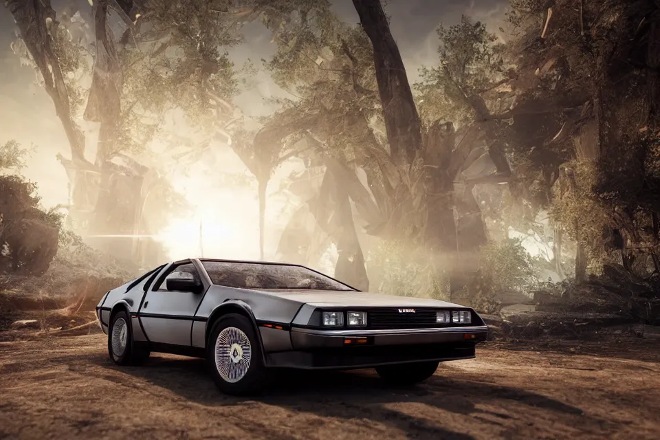 Image similar to ultra realistic delorean dmc 5 with pop - up headlights drifting on ancient highway wreckage in space, dark cinematic, volumetric, realistic, 3 d render, realistic render, cinematic lighting, volumetric lighting, atmospheric, cinematic, unreal engine 5, unreal engine render, octane render, hd, photorealism, hyper realistic, 8 k