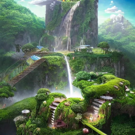 Prompt: waterfall village, by benoit mandelbrot, filip hodas, vincent callebaut, mike campau and studio ghibli