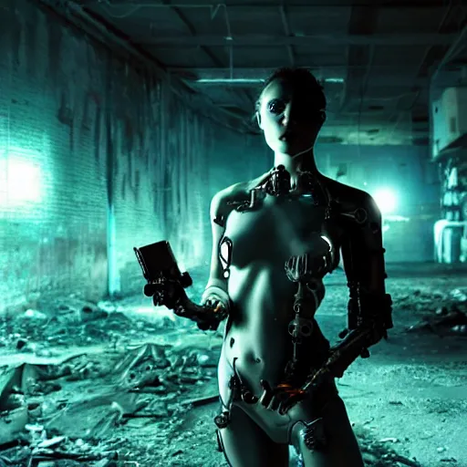 Prompt: stunning, breathtaking award-winning photo of a biomorphic female cyborg in a desolate abandoned post-apocalyptic industrial city at night, moody blue lighting