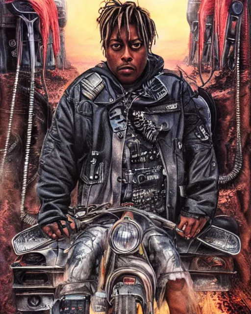 Image similar to juice wrld in dystopian raider mad max post apocalpytic, airbrush, drew struzan illustration art, key art, movie poster