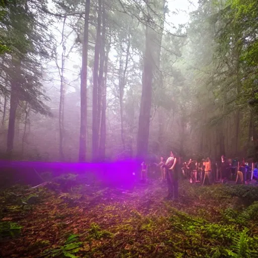 Image similar to psytrance party in a secluded forest, mystical, psychedelic, fog