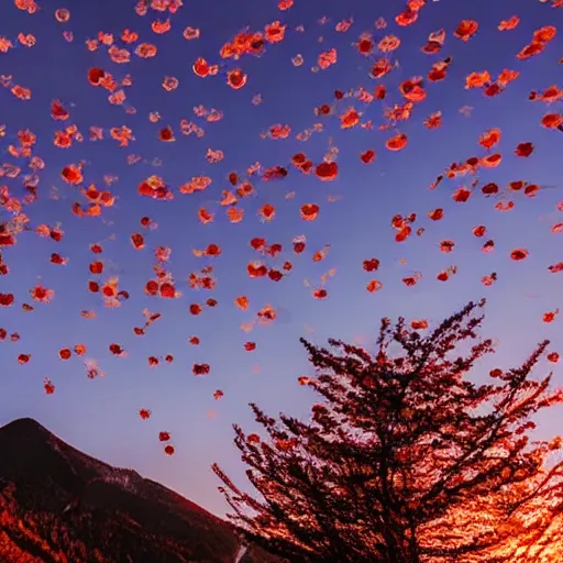 Image similar to low angle photo of the mountains and sky during the sunset. only a very bright star can be seen in the sky and some clouds. some sakura petals in the air. photorealistic