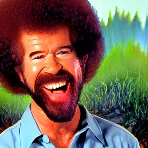 Image similar to bob ross screaming spray paint out of mouth