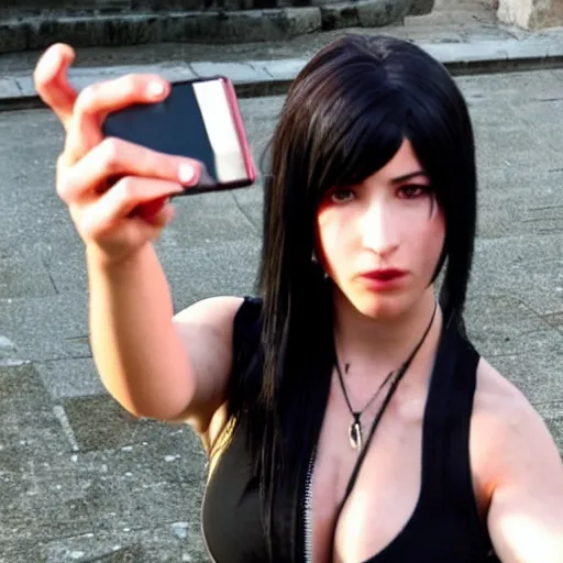 Image similar to Tifa Lockhart from Final Fantasy VII Remake (2020) taking a selfie in Italy