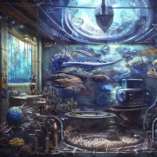 Image similar to detailed painting of a fish tanks with celestial ephemeral ornaments and hr giger architecture, artstation, greg crewdson, cinematic