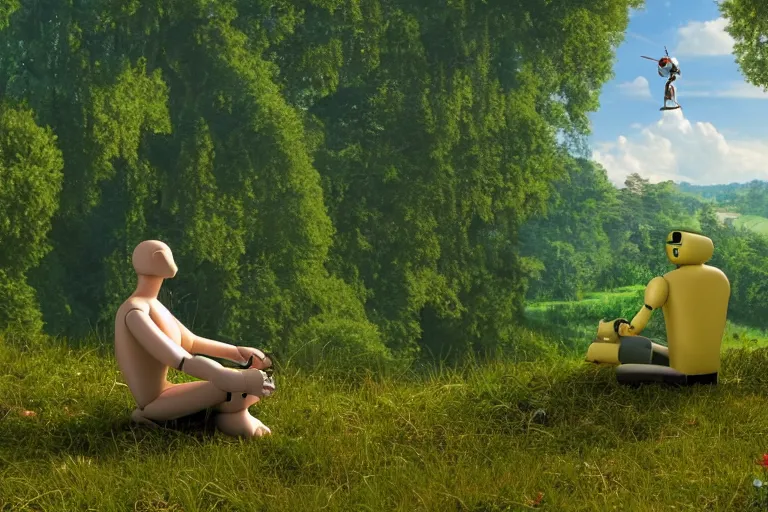 Image similar to zoomed-out 3d render of cel-shaded robot sitting cross-legged with its head pointing down, on a small hill, in a fantasy forest with blooming trees and surrounded my wildlife, river flowing beside the robot, 4k, highly detailed, Unreal Engine, octane render