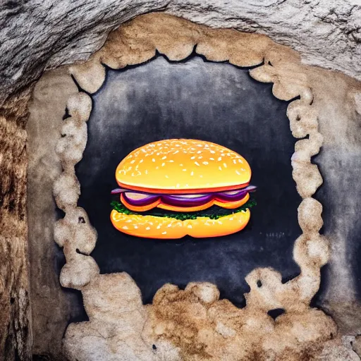 Prompt: Hamburger painted on a wall inside a cave