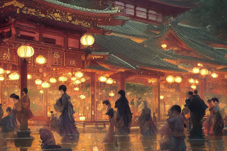 Image similar to a beautiful realistic painting of the lantern festival in old kyoto, intricate, elegant, highly detailed, digital painting, artstation, concept art, by krenz cushart and artem demura and alphonse mucha