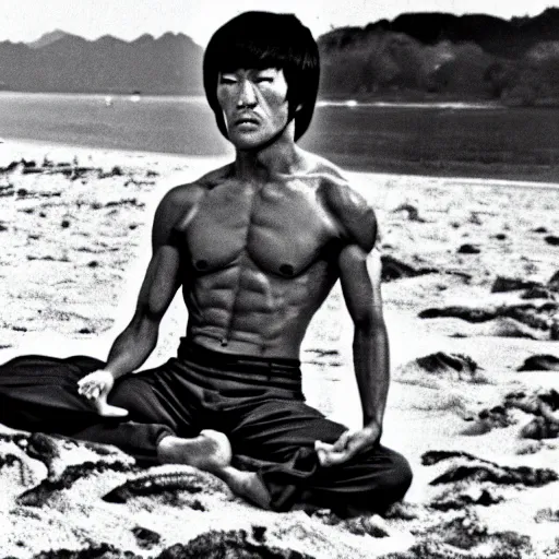 Image similar to bruce lee meditating on the beach