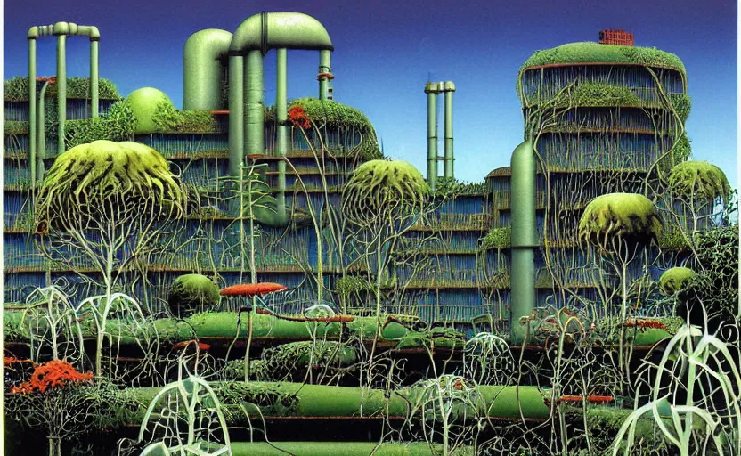 Image similar to industrial buildings surrounded by undergrowth by roger dean