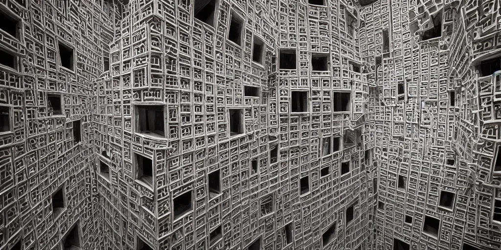 Image similar to endless menger sponge megastructure in the style of mc escher, realistic lighting, very intricate detailed photo, sharp focus, hd, 4 k