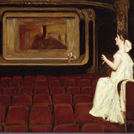 Image similar to a young man watching an actress on stage in an old theater, by alfred stevens