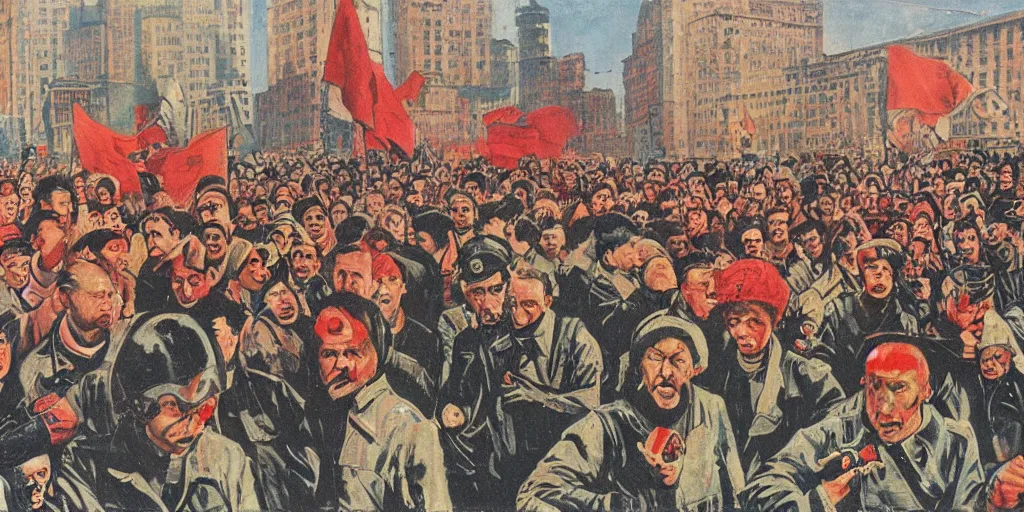 Prompt: everything is going according to the plan, ussr, realistic expressionism, city, people, communism, russian punk rock by egor letov