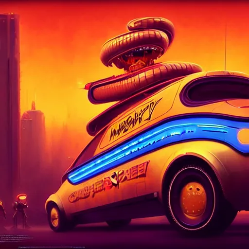 Image similar to a cyberpunk oscar meyer weiner weinermobile, highly detailed epic, CG render digital painting artwork by Greg Rutkowski, John Berkey, Alexander Jansson, Kuvshinov, WLOP, Artgerm, trending on ArtStation, intricate artwork by Tooth Wu, Beeple. octane render, trending on artstation, greg rutkowski very coherent symmetrical artwork, bokeh, cinematic, hyper realism, high detail, octane render, vervia, 8k