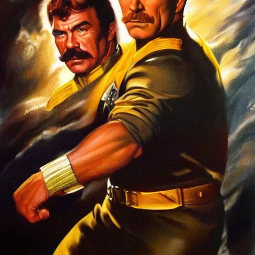 Image similar to ultra realistic portrait painting of tom selleck as captain kirk, art by frank frazetta, 4 k, ultra realistic, highly detailed, epic lighting