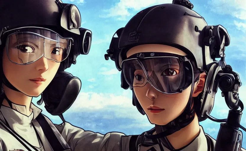 Prompt: a flying girl, fused aircraft parts, anime style, military pilot clothing, goggles, short hair, hair down, symmetrical facial features, from arknights, hyper realistic, 4 k, rule of thirds, extreme detail, detailed drawing, trending artstation, realistic lighting, by alphonse mucha, greg rutkowski, shoulder eyes, backlit