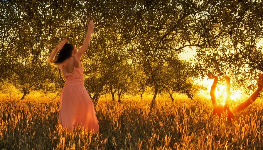 Image similar to dancing in a field of ripe peach trees, photo, cinematic lighting, cinematic still, golden hour