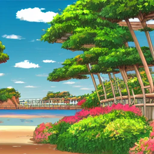 Prompt: Visual novel background of ocean side paradise city, drawn, studio ghibli, landscape