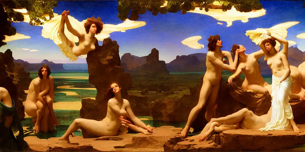 Image similar to an oasis in the middle of the desert, an art deco painting by Frederic Leighton and Daniel Maclise and Rolf Armstrong and Evelyn De Morgan and Bastien Lecouffe-Deharme, dutch golden age, dramatic lighting, high contrast colors, baroque, empyrean, panoramic view, cgsociety, highly detailed, doom engine,