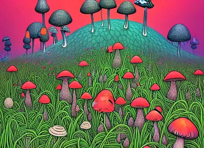 Prompt: surreal line art by naranbaatar ganbold!, a lot of jungle flowers and exotic plants + toxic mushrooms + long grass + mystic fog, 5 0's vintage sci - fi style, rule of third!!!!, line art, 8 k, ultrafine hyperdetailed, generative art, matte drawing, anaglyph filter, top view