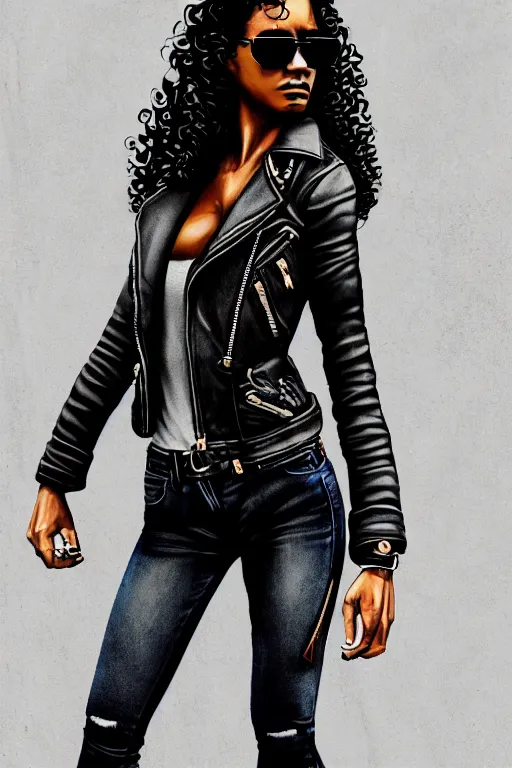 Prompt: Picture of a female biker, tough, burly, dark skin, jet black tuffe coat, aviator shades, dark blue jeans, long curly hair, serious look, armfold pose!, smooth, sharp focus, highly detailed, digital illustration, artstation