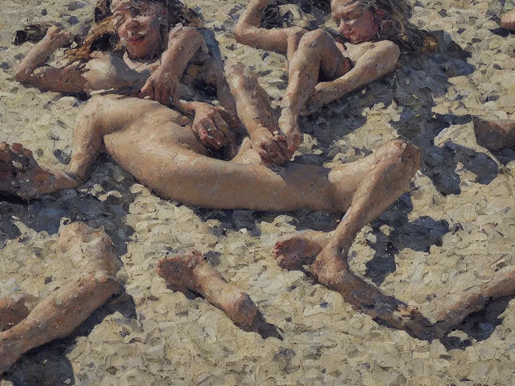 Prompt: on the beach, close up, heatwave, denis sarazhin, oil on canvas