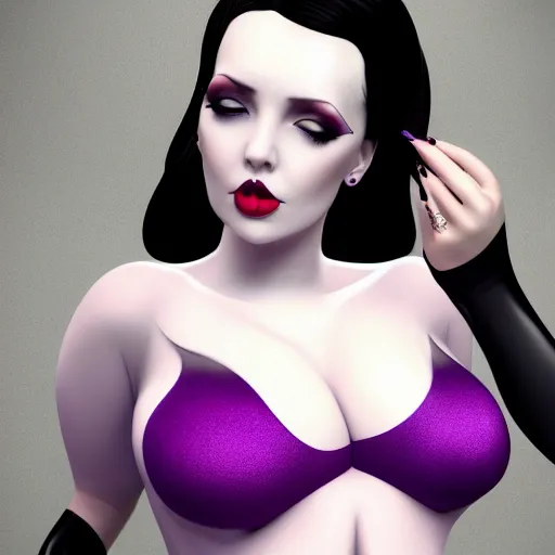Prompt: portrait of a curvy feminine hot pale goth woman with elaborate, elegant, sophisticated, tight nylon, lace and silk dress, black lipstick, purple makeup, cgsociety, realistic, highly detailed, sublime, 16k, smooth, sharp focus, trending on ArtStation, hyperdetailed, volumetric lighting