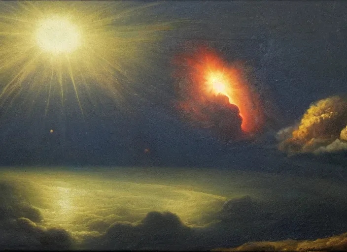 Prompt: a young earth, filled with volcanos, lava, glowing sky and a very thin atmosphere. water is just starting to form. in the style of hudson river school of art, oil on canvas