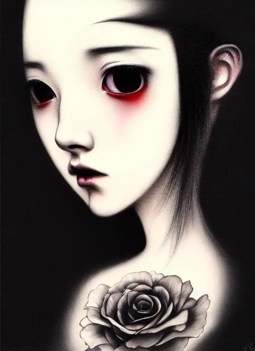 Image similar to an attractively pretty young woman with morbid thoughts wearing a Japanese-style school uniform, she is the queen of black roses, by Casey Baugh, Steve Caldwell, Gottfried Helnwein, Yasunari Ikenaga, and Range Murata.