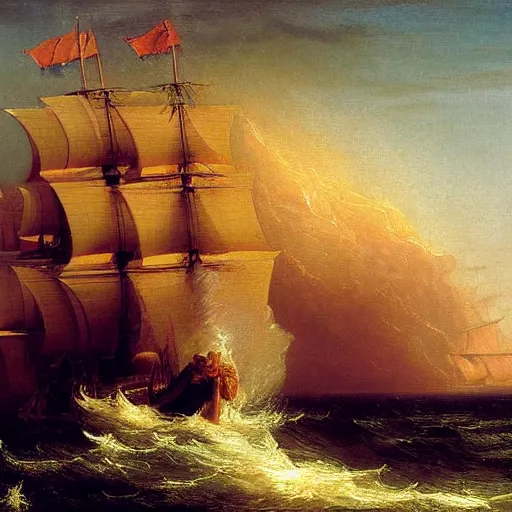 Image similar to an oil painting of an xviii century ship firing its cannons, highly detailed, 4 k, painted by thomas cole