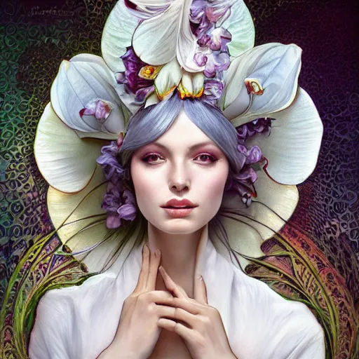 Prompt: a photograpic portrait of a anthropomorphic orchid wearing white clothes, iridescent colors, fantasy, intricate, elegant, highly detailed, digital painting, artstation, concept art, smooth, sharp focus, illustration, art by artgerm and H R Giger and alphonse mucha