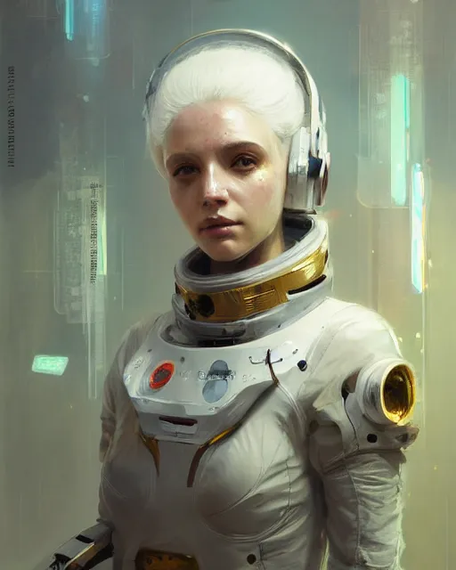 Image similar to detailed portrait white haired girl, solarpunk futuristic utopia, scifi astronaut suit, decorated with golden ornaments by Ismail inceoglu dragan bibin hans thoma greg rutkowski Alexandros Pyromallis Nekro Rene Maritte Illustrated, Perfect face, fine details, realistic shaded, fine-face, pretty face