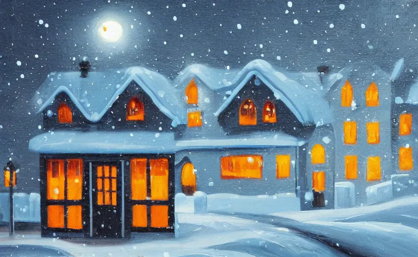 Prompt: snowy dark night scene depicting a house with one bright window and a man running away from it. oil painting.