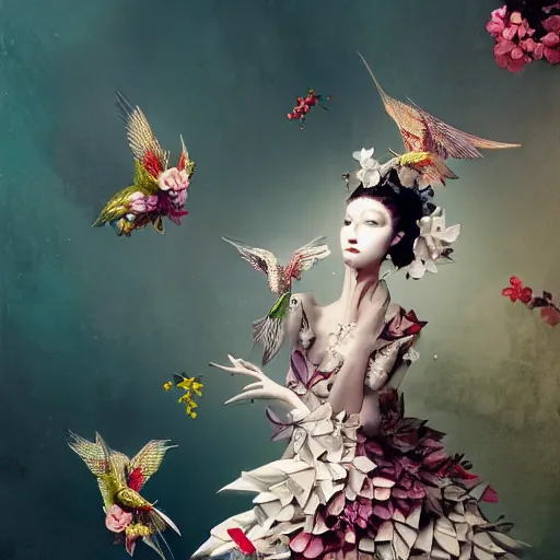 Prompt: 3 / 4 view of a beautiful girl wearing an origami dress, eye - level medium shot, fine floral ornaments in cloth and hair, hummingbirds, elegant, by eiko ishioka, givenchy, ambrosius boeschaert, by peter mohrbacher, centered, fresh colors, origami, fashion, detailed illustration, vogue, japanese, reallusion character creator