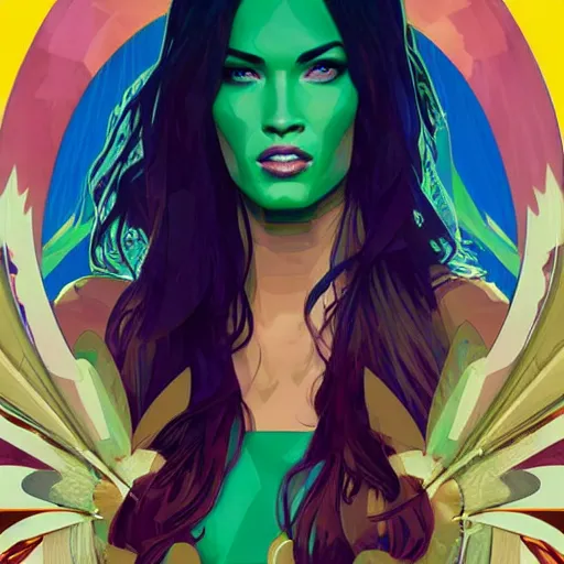 Prompt: Megan Fox as gamora (Guardians of the Galaxy) by Sandra Chevrier, Alphonse Mucha, beeple, Pi-Slices and Kidmograph, beautiful digital illustration