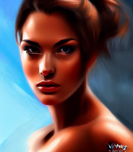 Prompt: beautiful brown haired female boxer digital portrait in the style of stanley artgerm