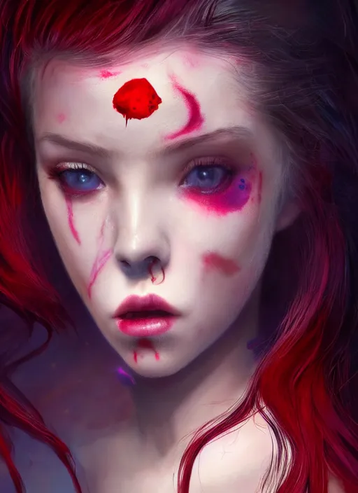 Image similar to profile of sinister girl with pouty aerochrome lips, fungal, unforgivable, cute bandaid on nose!!, expressive eyes, playful pose of a demon, greg rutkowski, charlie bowater, yuumei, stephen gammell, unreal 5, daz, hyperrealistic, octane render, rpg portrait, dynamic lighting, fantasy art, beautiful face