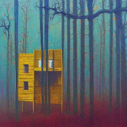 Image similar to Painting in a style of Beksinski of a colorful and detailed wooden house in the forest near the lake