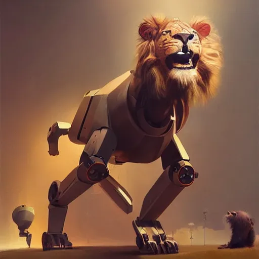 Image similar to a robotic lion , artwork by Sergey Kolesov, detailed, dynamic, cinematic composition