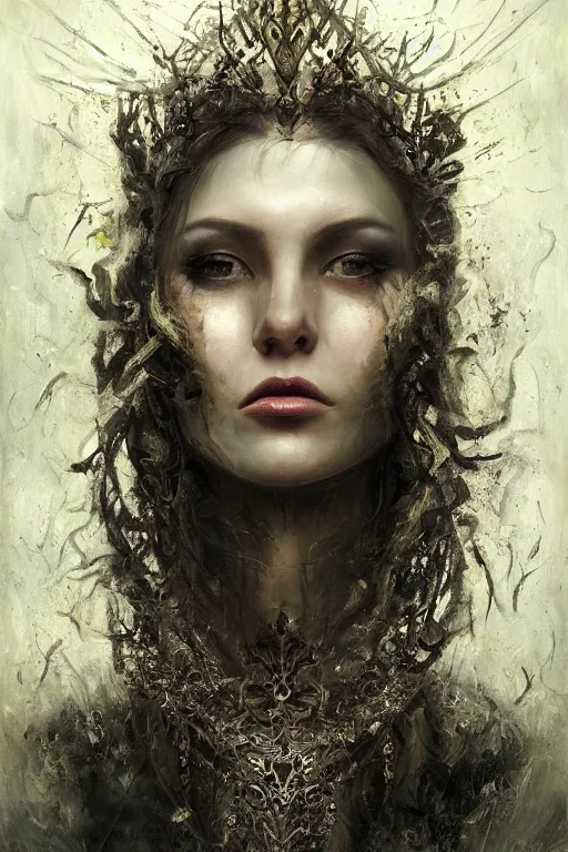 Image similar to single face portrait. very complex hyper-maximalist overdetailed cinematic darkfantasy portrait of an elegant very attractive but dangerous and wild female ent lady by andrei riabovitchev, tomasz alen kopera, oleksandra shchaslyva. Omnious intricate. Focus on face. Artstation. Deviantart. 8k 4k 64megapixel. Rendered by binx.ly. discodiffusion style portrait.