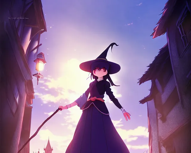 Image similar to ( majo no tabitabi ), key anime visual portrait of a young female witch walking through a busy medieval village, dynamic pose, dynamic perspective, cinematic, dramatic lighting, detailed silhouette, anime proportions, perfect anime, yoh yoshinari, ( violet evergarden )