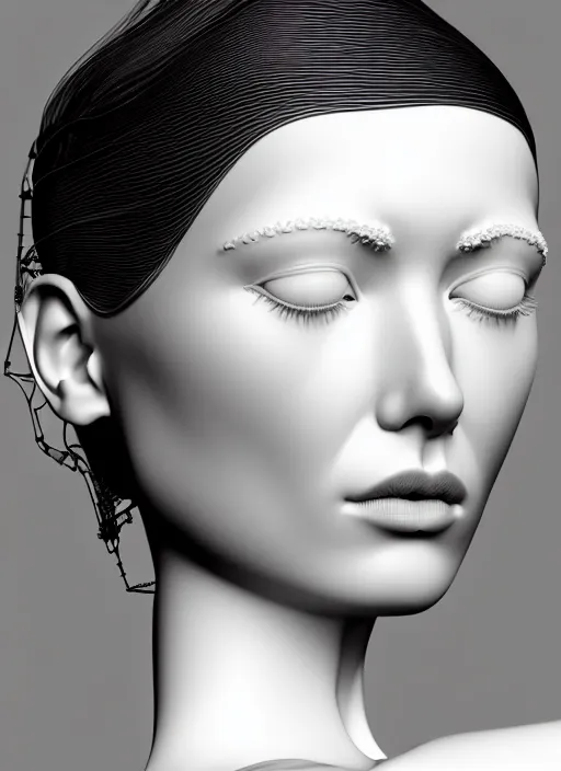 Prompt: complex 3d render ultra detailed of a beautiful porcelain profile young woman face, biomechanical cyborg, 200 mm lens, beautiful studio soft light, rim light, silver white gold red details, magnolia big leaves monochromatic and stems, roots, fine foliage lace, mesh wire, Alexander Mcqueen high fashion haute couture, art nouveau fashion embroidered, intricate details, hyper realistic, ultra detailed, mandelbrot fractal, anatomical, facial muscles, cable wires, microchip, elegant, octane render, H.R. Giger style, black eyes, plump lips, volumetric lighting, 8k post-production, trending on Artstation