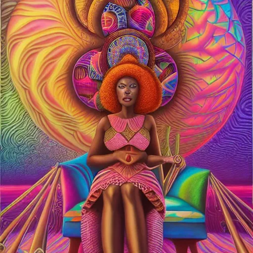 Prompt: a regal and elegant african queen with a colorful afro sitting in a cabana near a large steampunk pyramid near a pink river with a large glowing baobab tree, by amanda sage and alex grey and evgeni gordiets in a surreal psychedelic style, oil on canvas 8k, hd