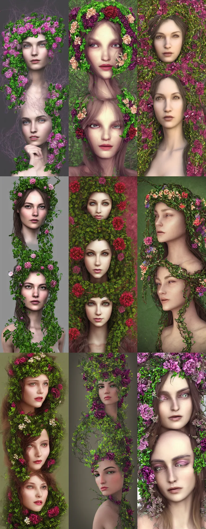 Prompt: a woman with a wreath on her head, a digital painting by nina tryggvadottir, featured on cg society, fantasy art, made of vines, daz 3 d, made of flowers