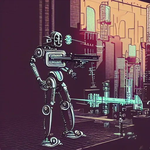 Image similar to detailed, intricate illustration of robot jesus shooting a gun in a cyberpunk city