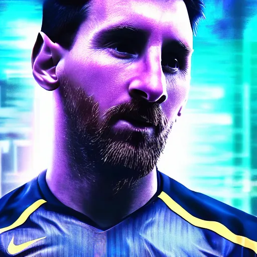 Image similar to messi playing soccer, cyberpunk aesthetic, 4 k, high - res, highly - detailed