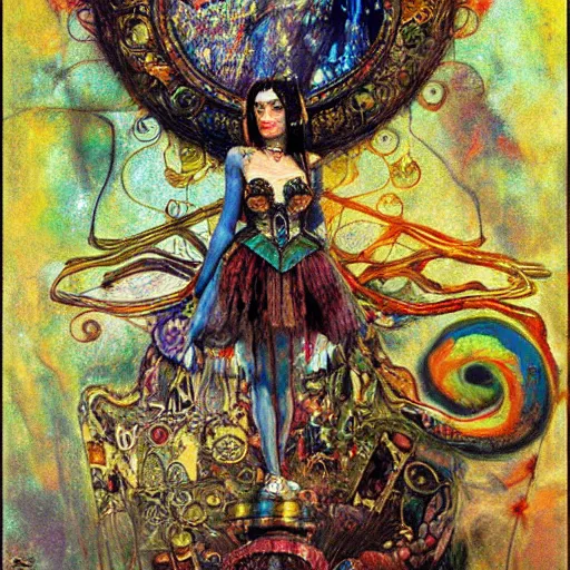 Image similar to cleopatra in alice in wonderland tripping on lsd, intricate detail, painting, royo, frazetta, whealan, klimt,